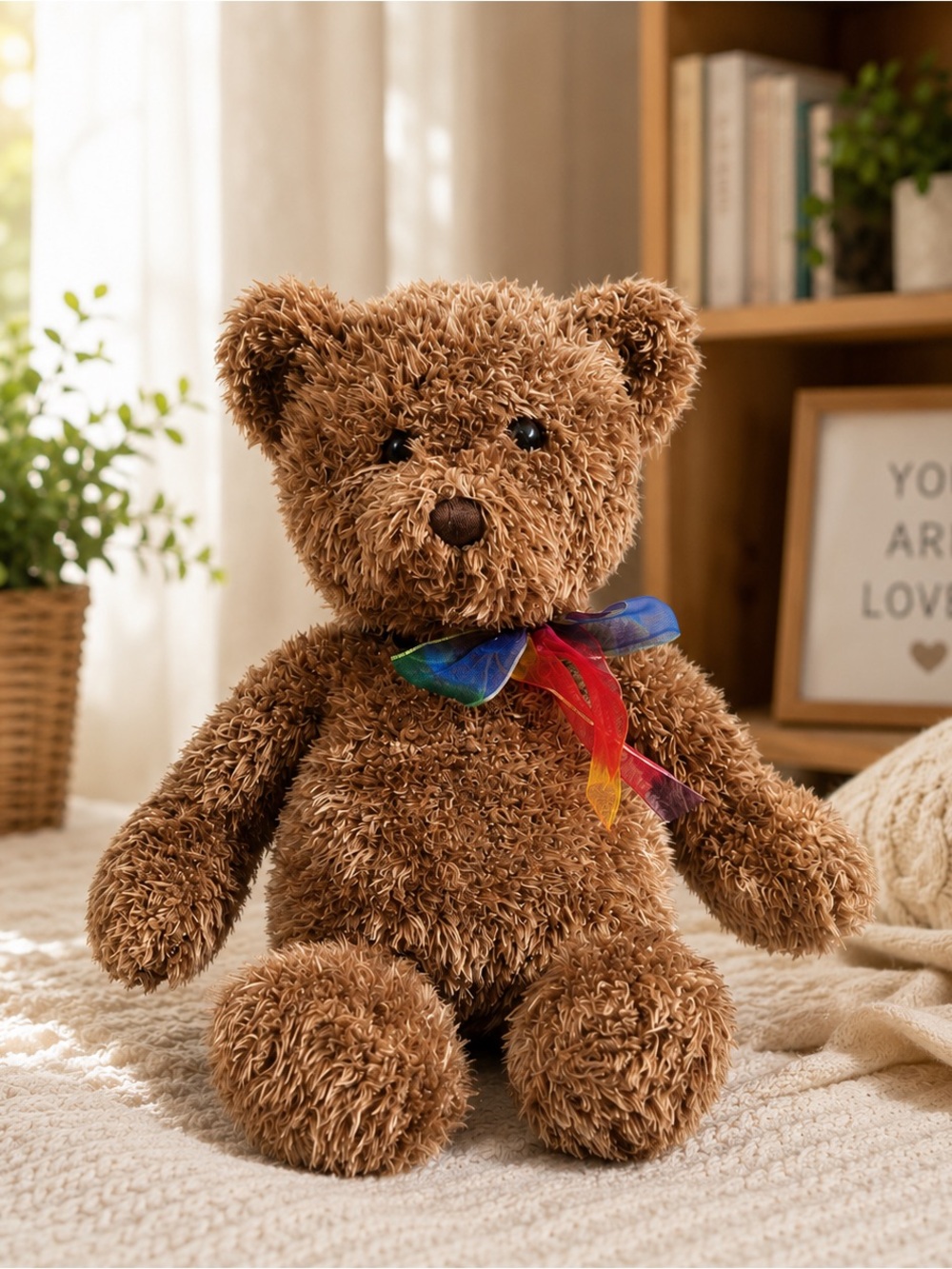 GUND BearEssence Plush Teddy Bear Rainbow Ribbon Soft Brown Stuffed Animal 17”